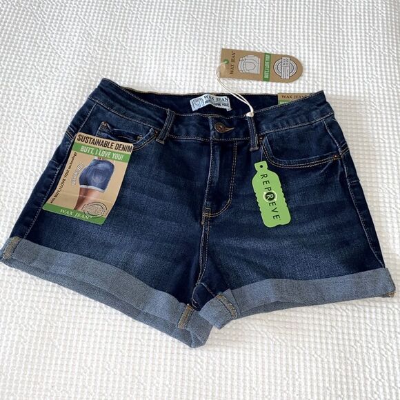 New Wax Jean Dark Wash Cuffed High Waisted Shorts - Picture 1 of 5